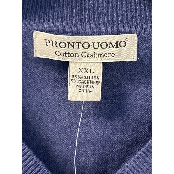 Pronto Uomo Mens XXL V-Neck Sweater Cotton Cashmere Blend Blue New With Tags - Picture 2 of 5